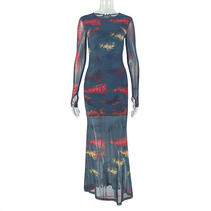 Women Printed Round Neck Long-Sleeved Bodycon Dress 8