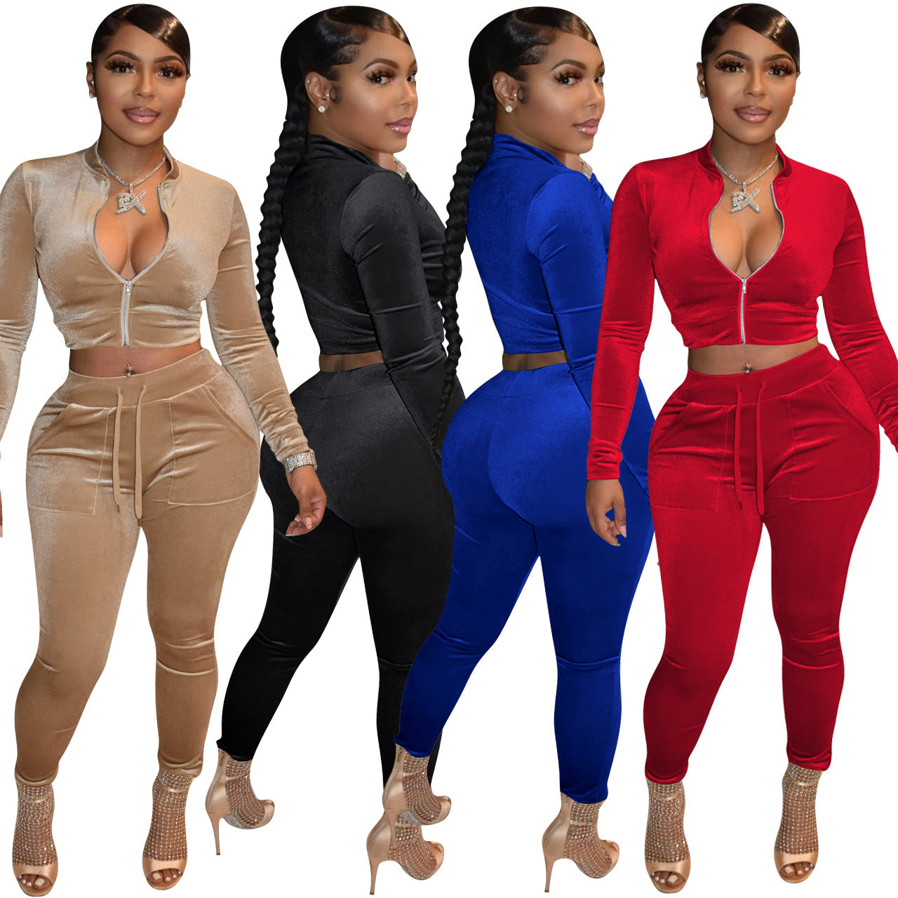 Ladies Fashion Casual Solid color Zip Long Sleeve Two Piece Tracksuit 18
