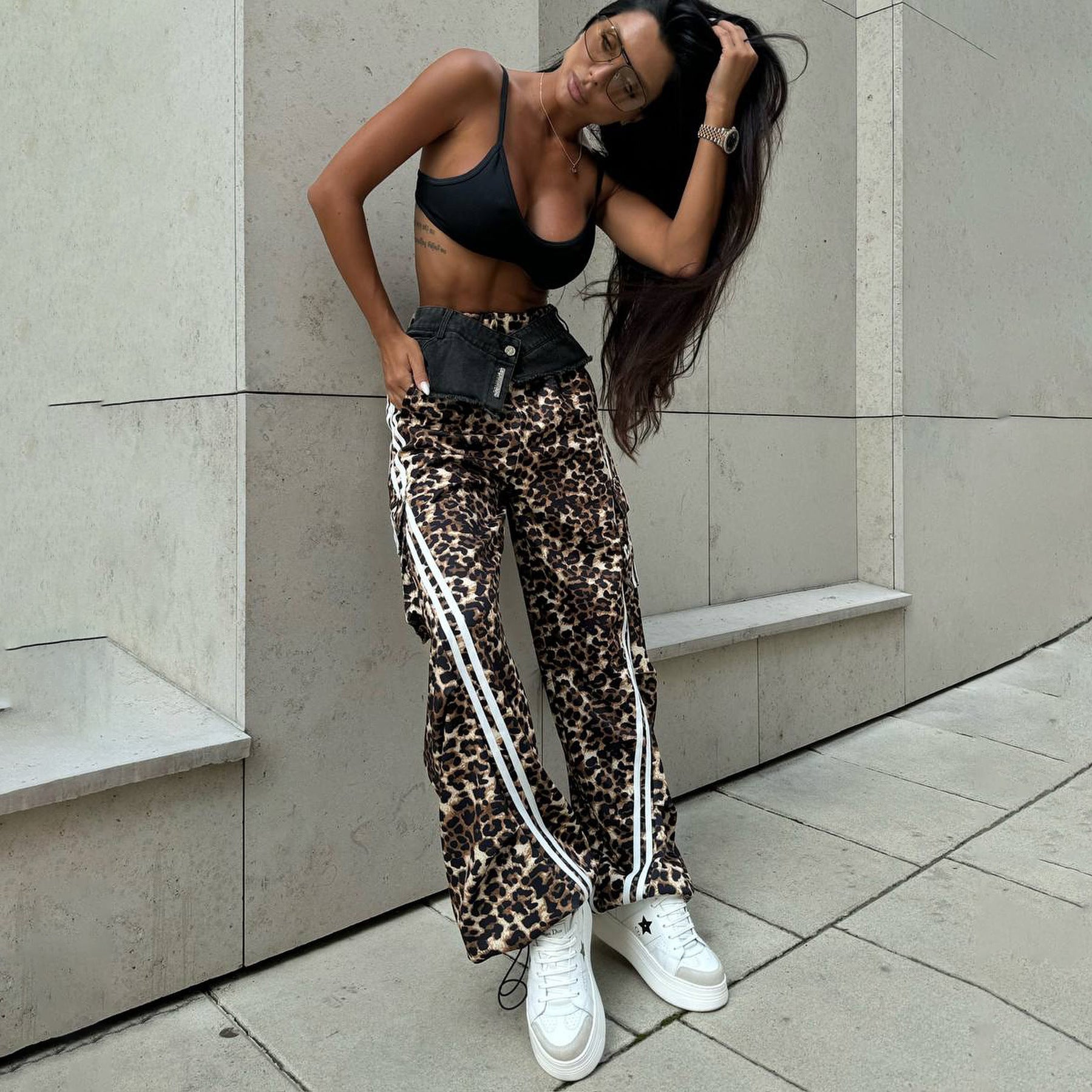 Autumn Sports Leopard Print Patchwork Casual Pants Women's Mid-Waist Loose Trousers 4