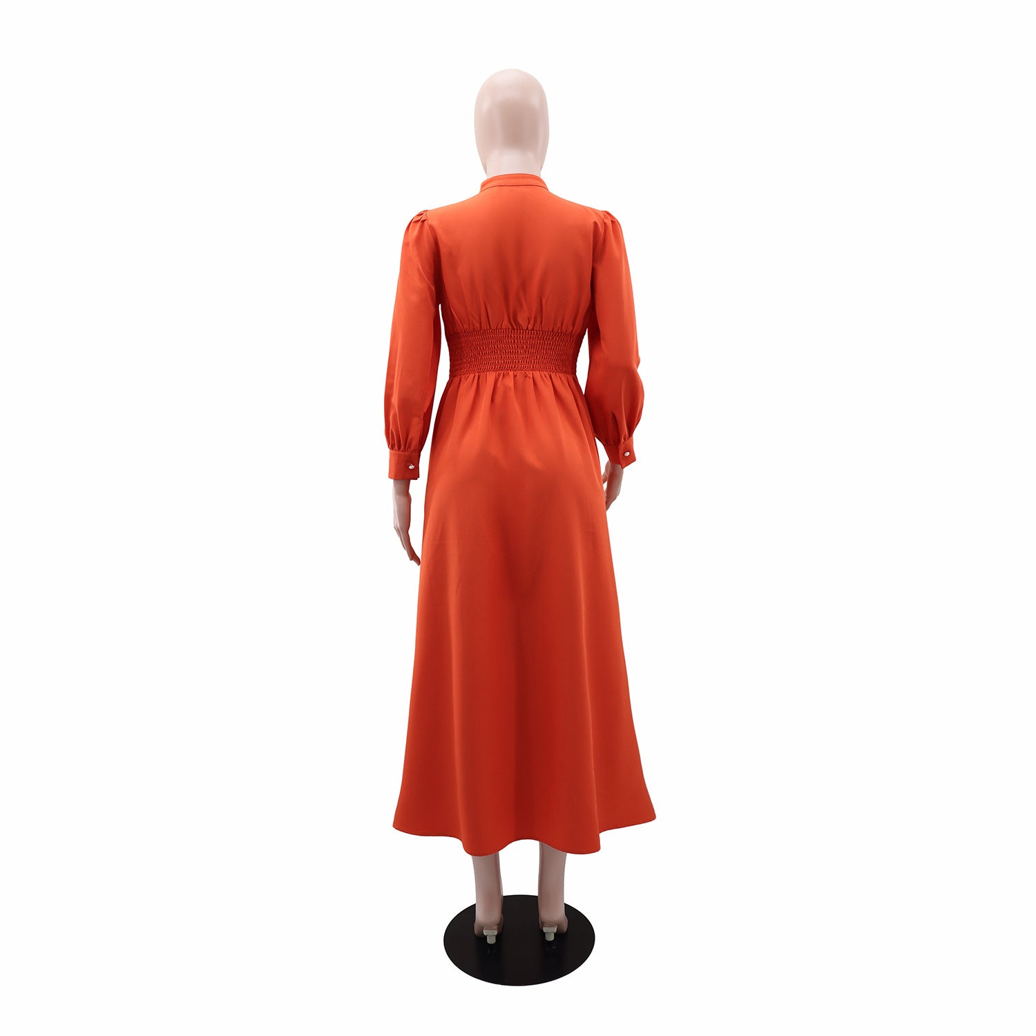 Solid Color Long-Sleeve V-Neck Button  Slim Waist A-Line Dress