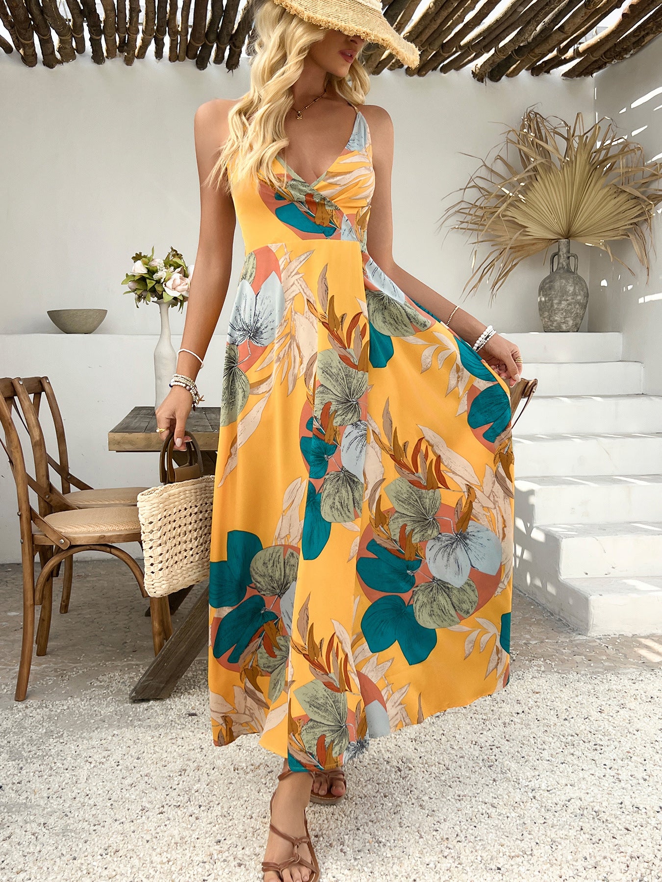 Sexy Low Back Strappy Print Summer Holidays Style Long Dress Tropical Leaf Dress