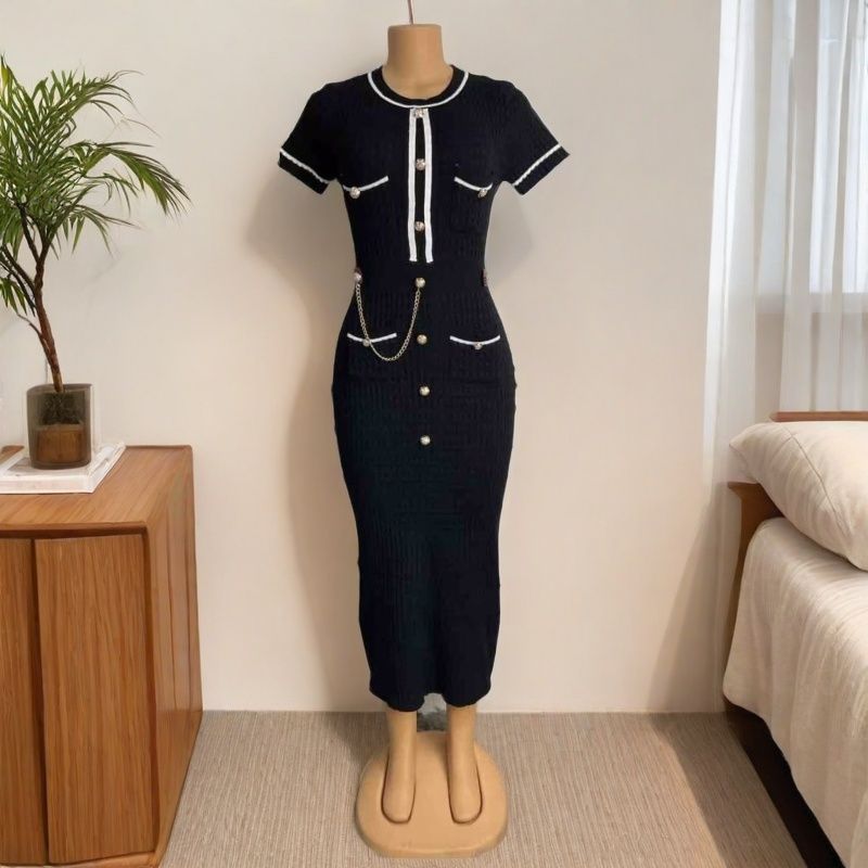 French Elegance Chic Fitted Round Neck Short-Sleeve Gold Button Knit Dress 5