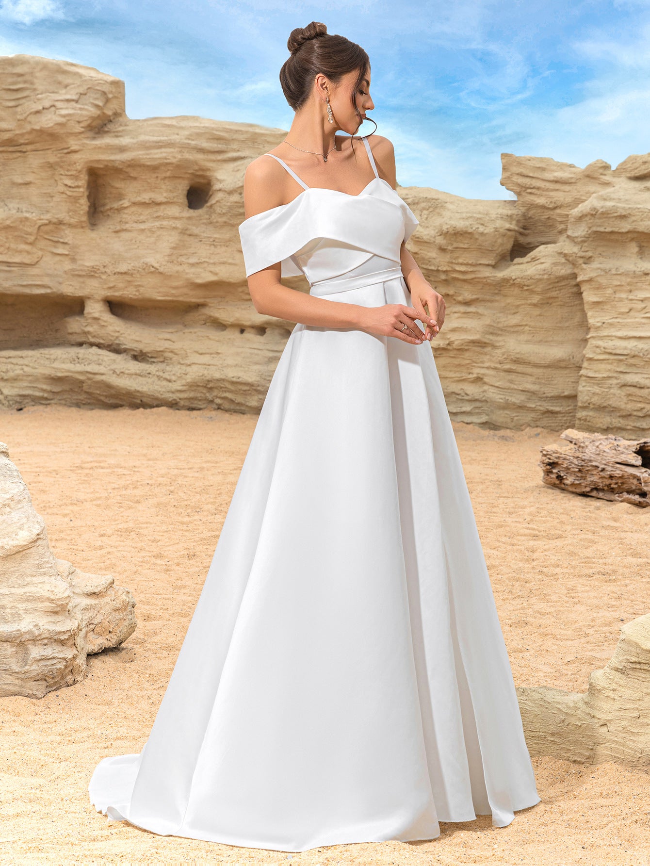 Women Slit White Off Shoulder Suspender Elegant Evening Dress 8