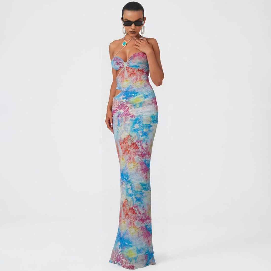 Spring-Summer Women's Sexy Contrast Print Cutout Strapless Slim Waist Long Dress 4