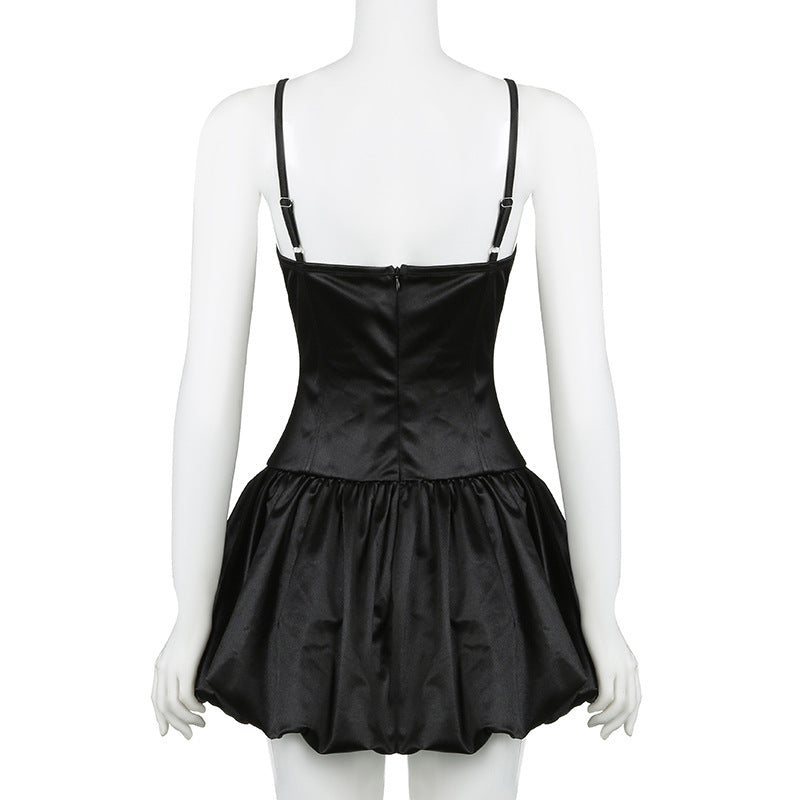 Women Sexy Solid Color V-Neck Lace Patchwork Slim Waist A-Line Strap Dress 9