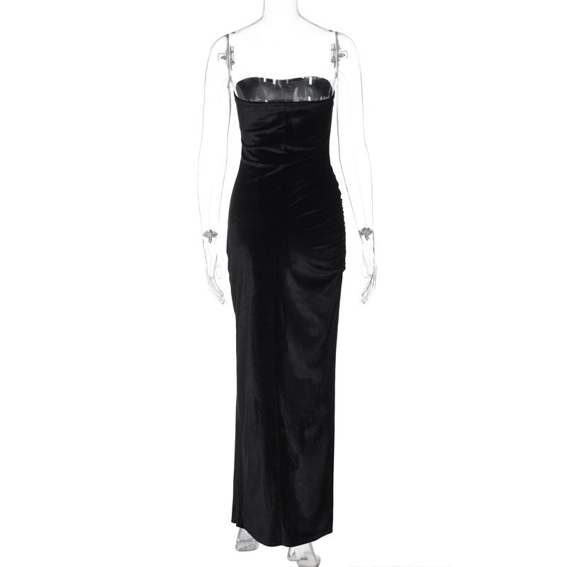 Women's Spring Fashion Sexy Slit Pleated Strapless Dress 11