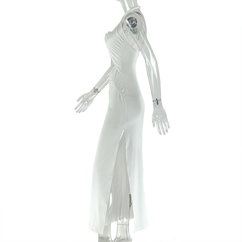 Women's Hollow-Out Fashion Slit Pleated Low Back Cross Halter Neck Solid Long Dress 9