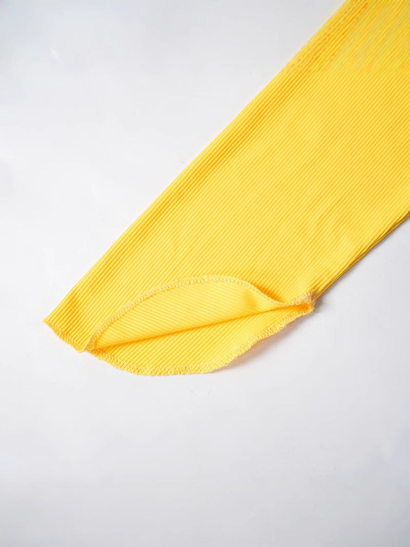 Solid color ribbed V neck short sleeve top tight fitting bell bottom split trousers casual two-piece set 6