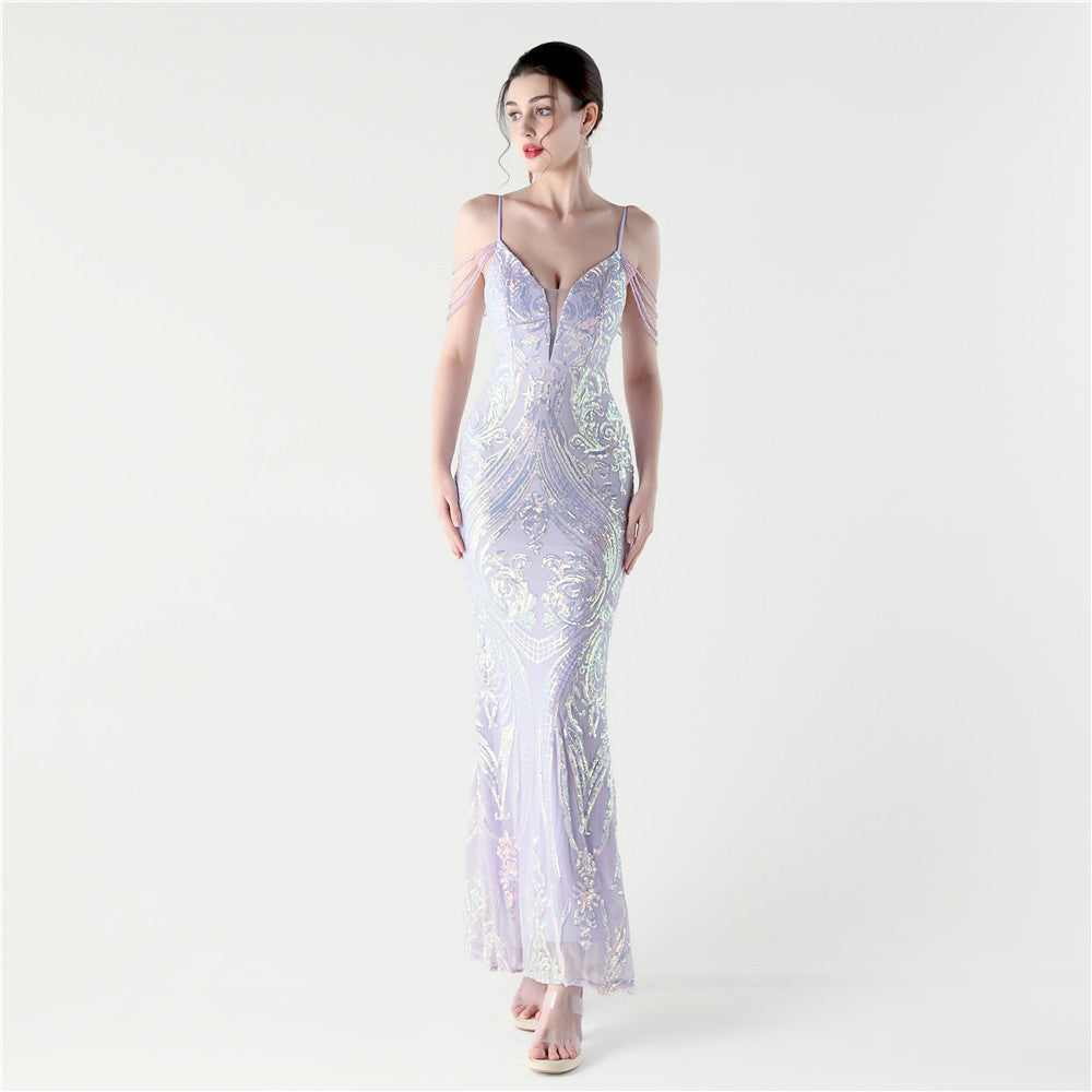 Women Formal Party Sequined Beaded Fishtail Evening Dress 10