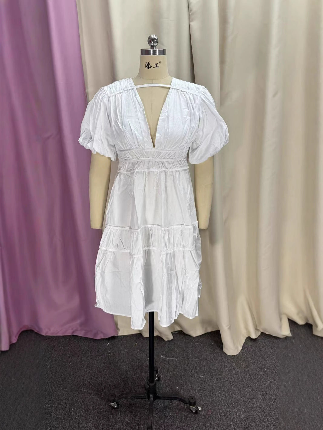 Women Elegant V-Neck Puff Sleeve Pleated Mini Dress 8