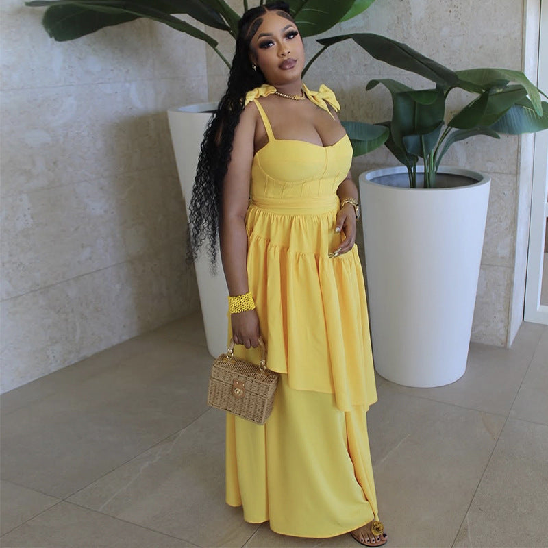 Women spring bow suspender v-neck ruffle dress 12