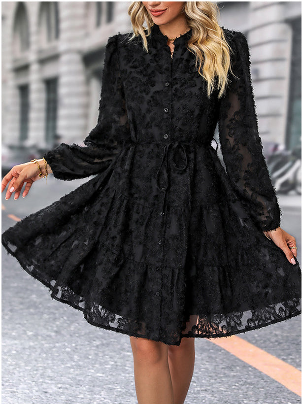 Women Long Sleeve See-Through Jacquard Dress