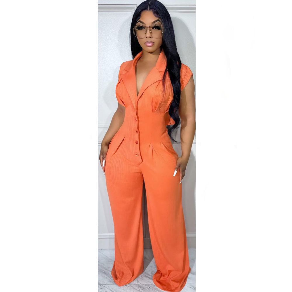 Button Elastic Short Sleeve Stand Collar Wide Leg Jumpsuit 5