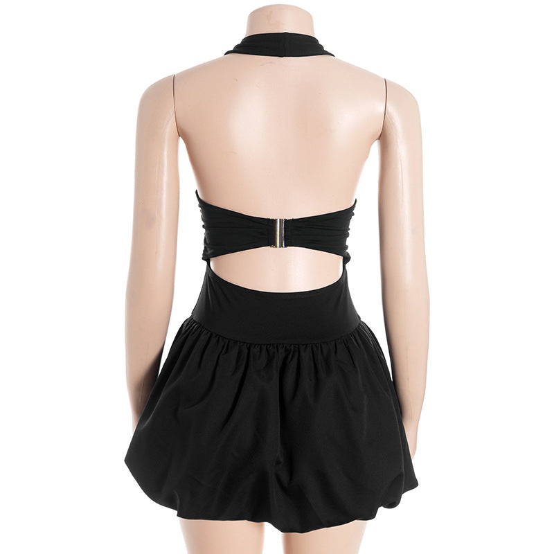 Women V-Neck Halter Neck Sexy Contrast Patchwork Flower Bud Mini Dress 10