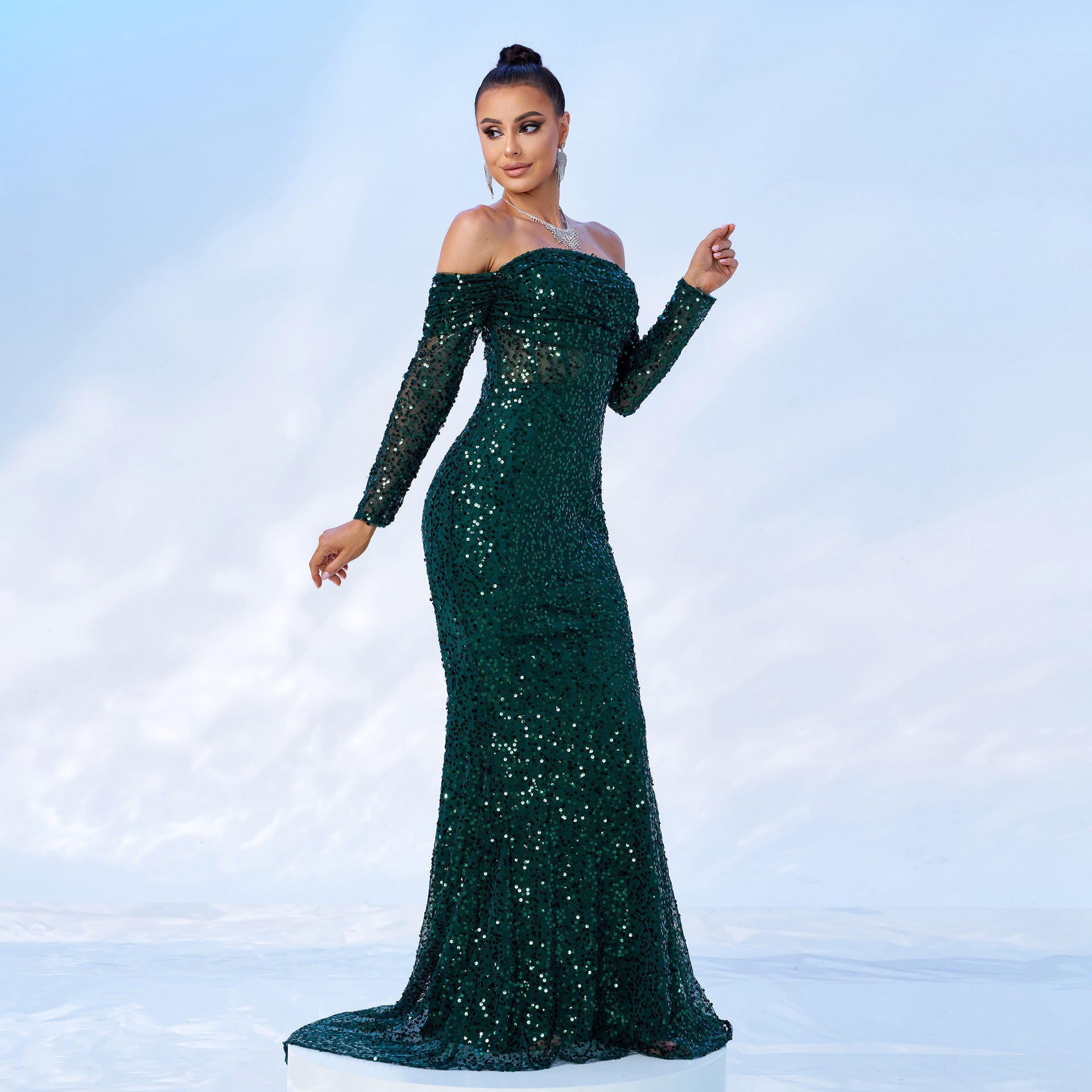 Women Off Shoulder Long Sleeve Sequin Formal Party Fishtail Evening Dress