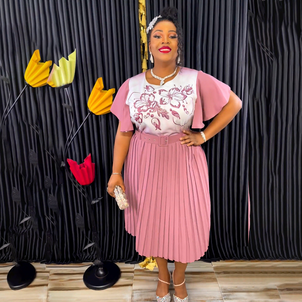 African Women's Printed Mother Of The Bride Dress Plus Size Pleated Dress With Belt 4