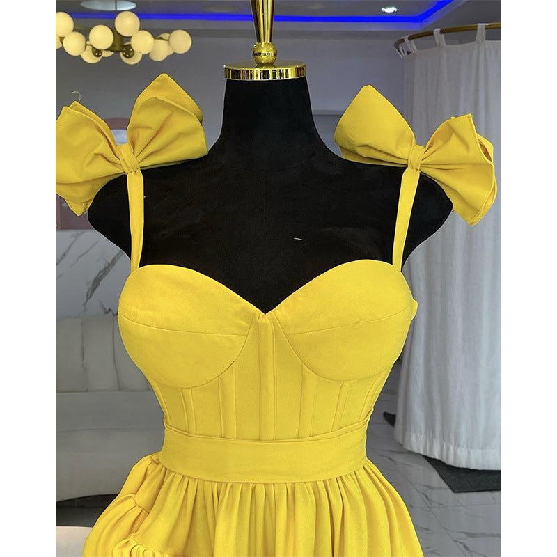 Women spring bow suspender v-neck ruffle dress 7