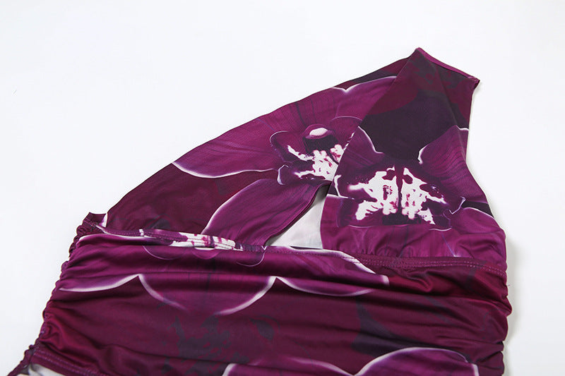 Summer Women's Sexy Slash-Shoulder Flower Print Holoow Fake Two-Piece Bodycon Mini Dress 8