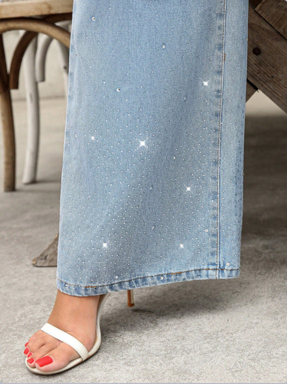 Women's Low-Waist Straight Beaded Wide-Leg Denim Pants 5
