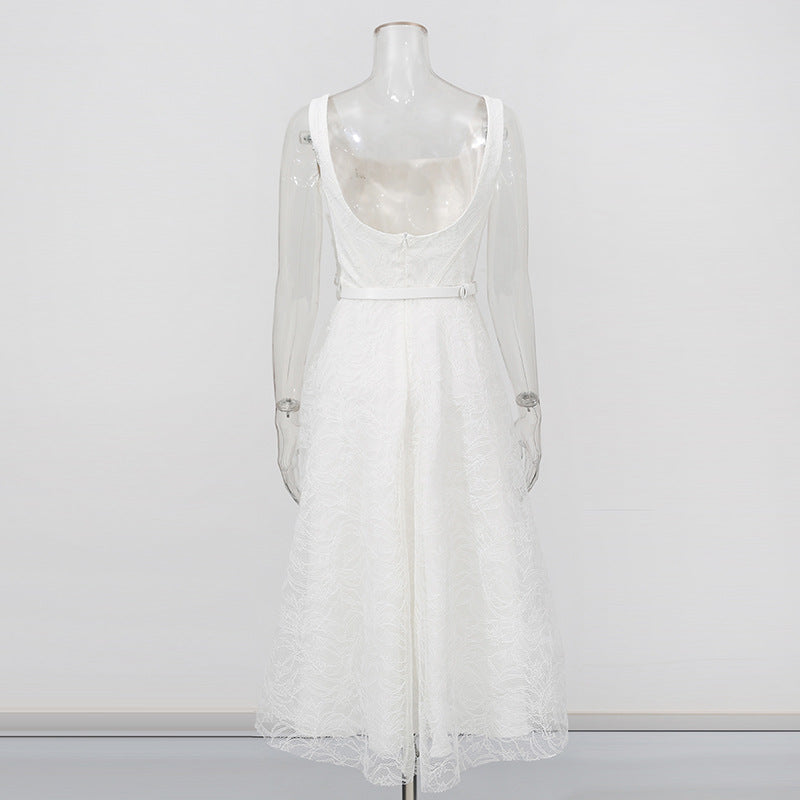 Women French Retro Summer Suspender Maxi Fishbone Lace Dress 6