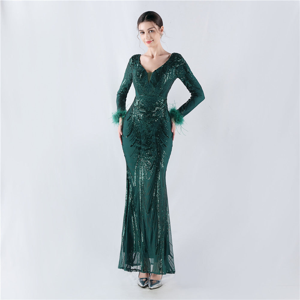 V-Neck Feather Long Sleeve Sequins Plus Size Formal Party Evening Dress 15