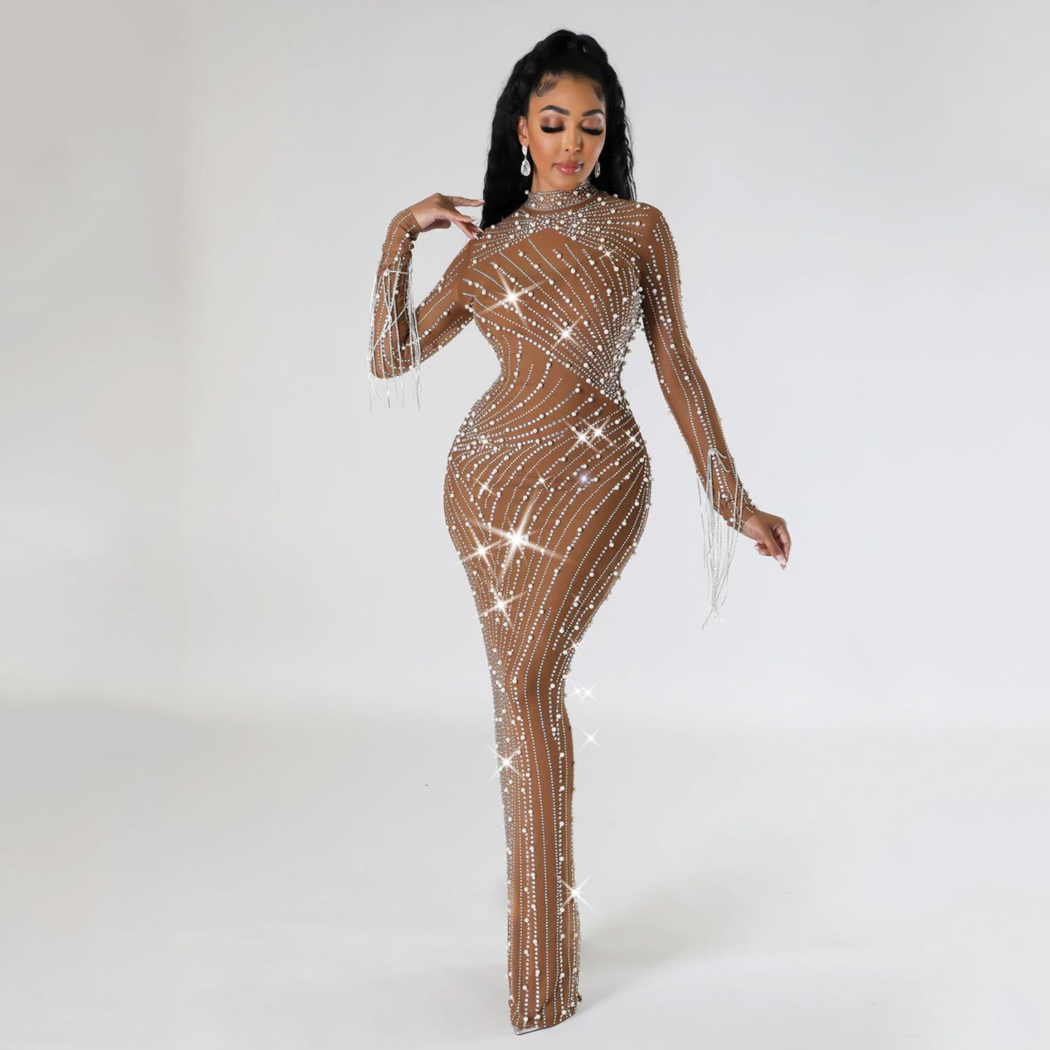 Spring Women's Sexy Mesh Beaded Nightclub Party Long Dress 3