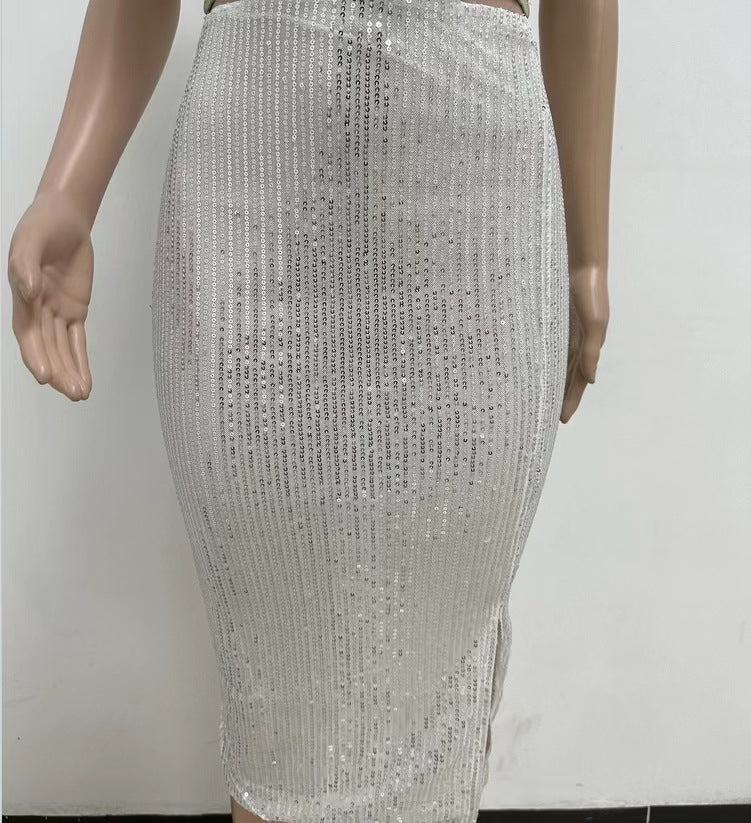 Women Slit Bodycon Sequined Skirt 56