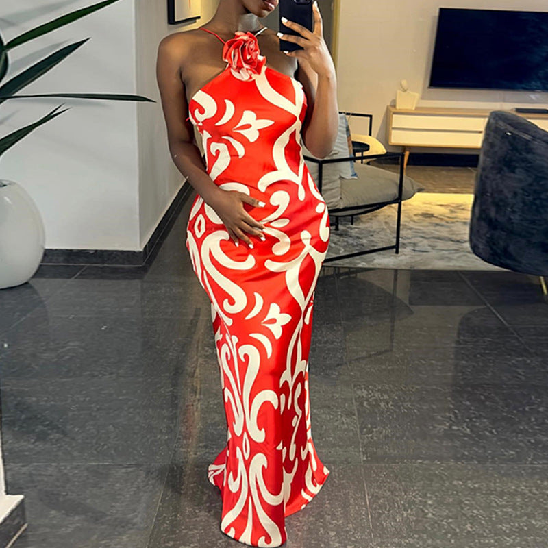 Fashion Printed Sexy Sleeveless Halter Neck Flower Decoration Bodycon Dress 5