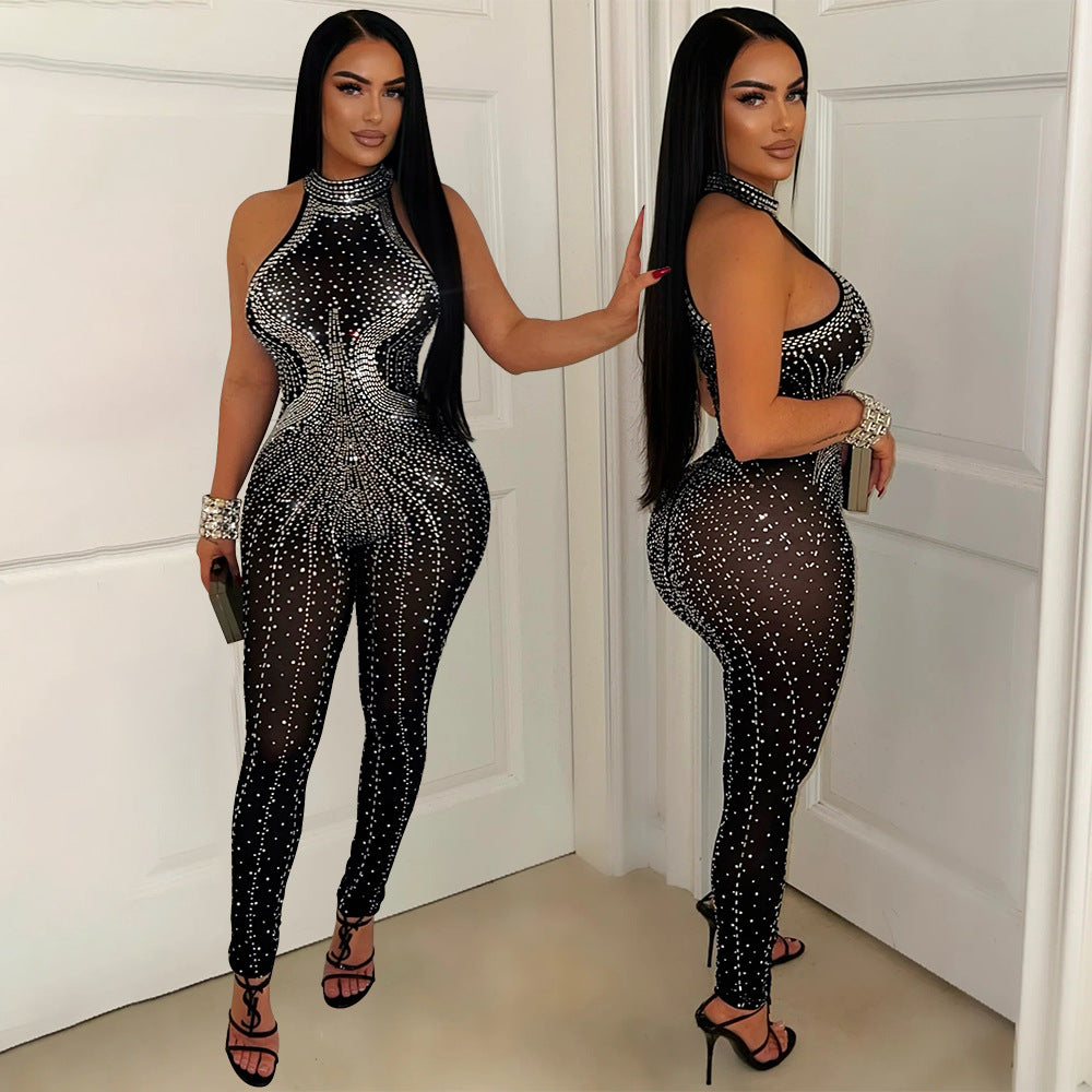 Women Sexy Mesh Beaded See-Through Sleeveless Jumpsuit 3