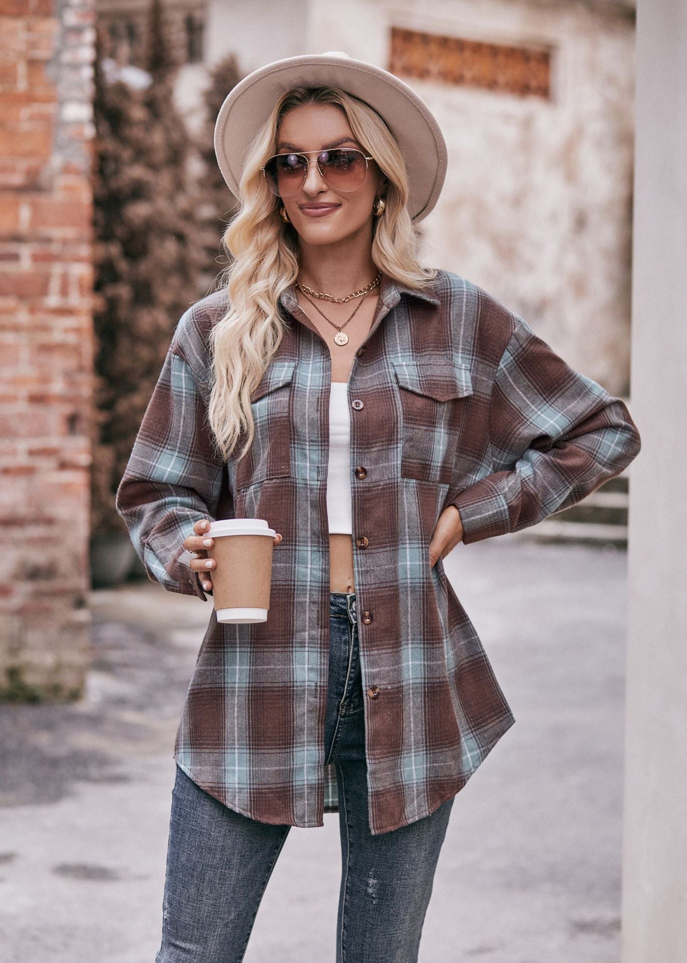 Women Casual oversize loose plaid shirt 8