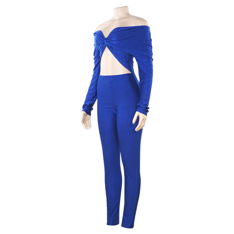 Spring Solid Color V-Neck Off Shoulder Knot Hollow Sexy High Waist Long Sleeve Jumpsuit 14