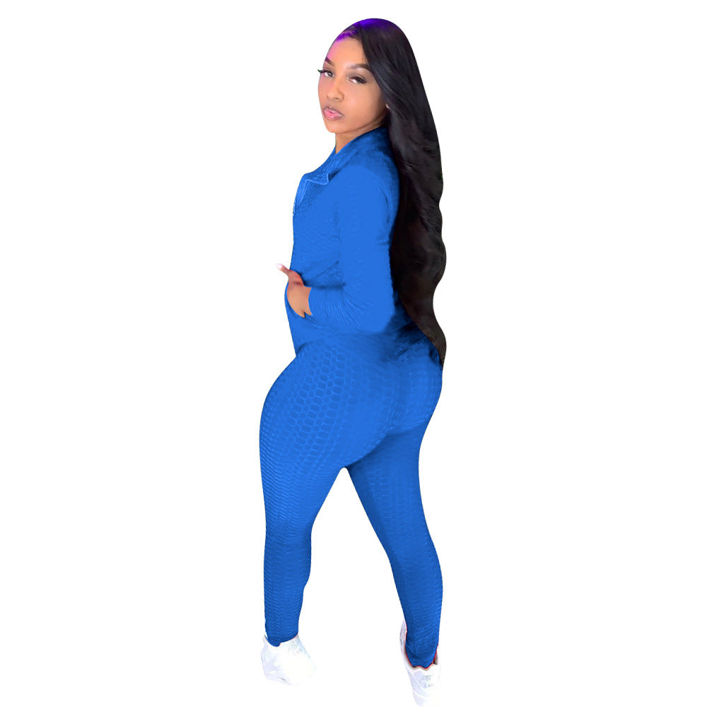 Women's Stand Collar Hoodless Jacquard High Stretch Fabric Long Sleeve Pant Set Two Piece 9