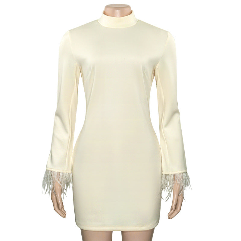 Spring Solid Color Round Neck Fashion Feather Patchwork Short Slim Dress 9