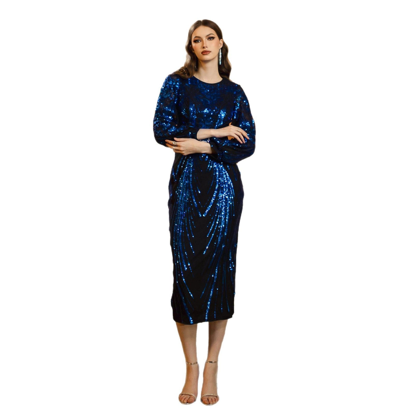 Women long-sleeved round neck sequins Formal Party Maxi evening dress 6