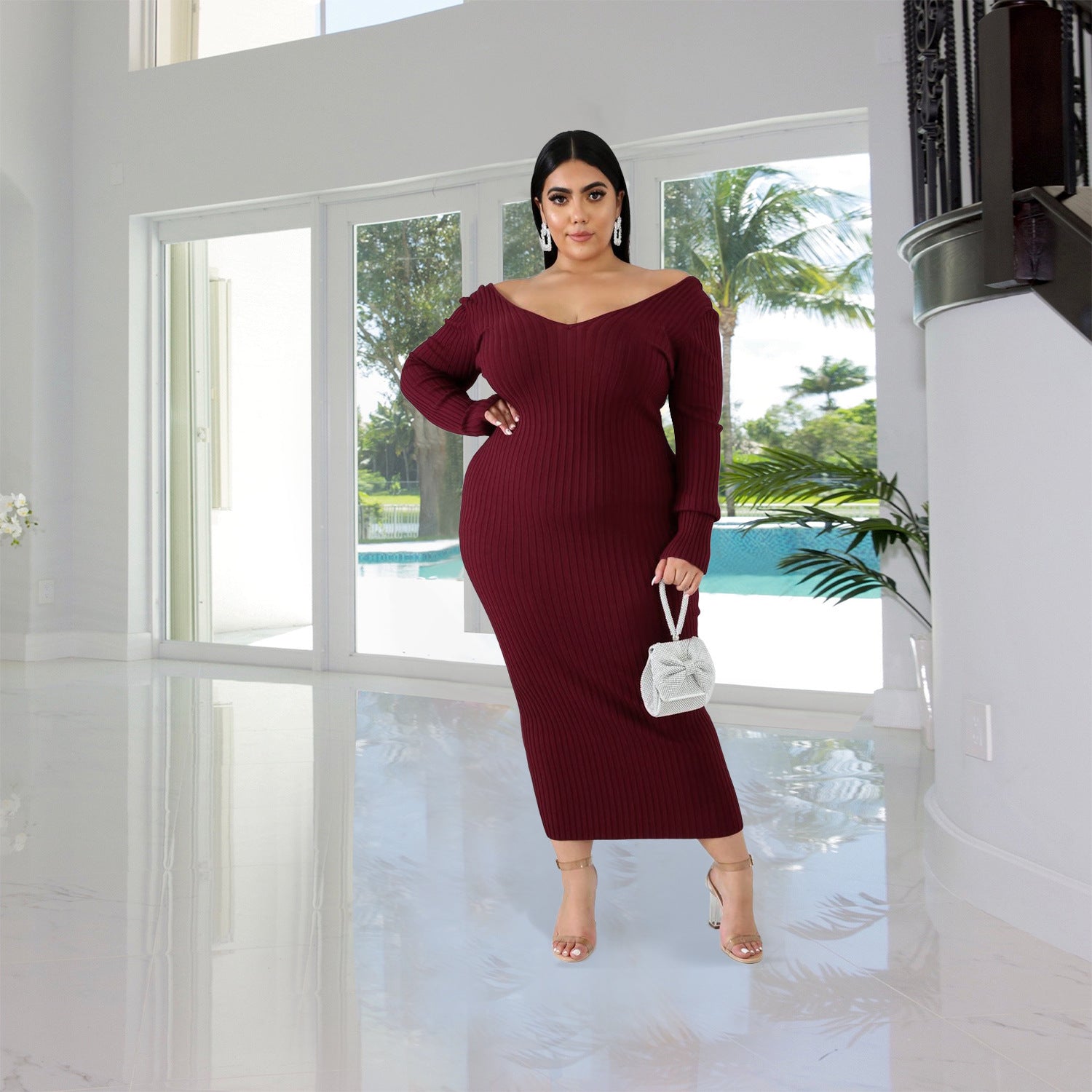 Women Autumn/Winter Solid Long Sleeve Knitting Maxi Dress 7