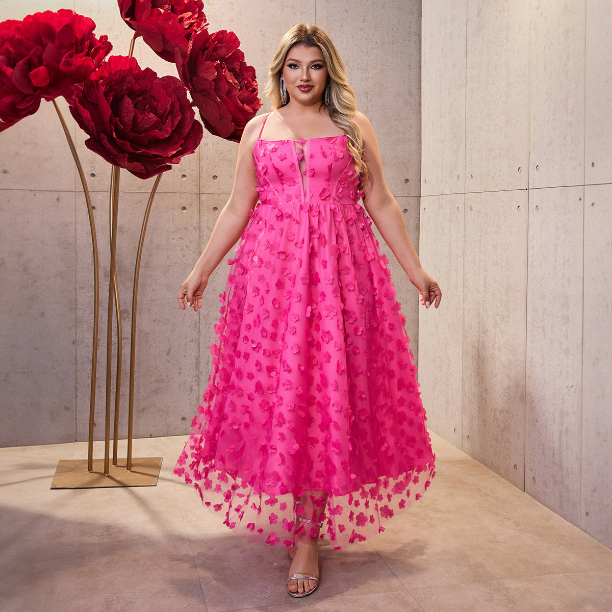 Plus Size Women Holidays Mesh Suspender Maxi Dress 4