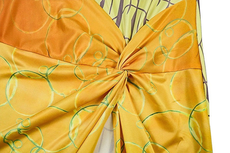 Fashion Patchwork Women's Printed Ruched Round Neck Long Sleeve Slit Dress 15