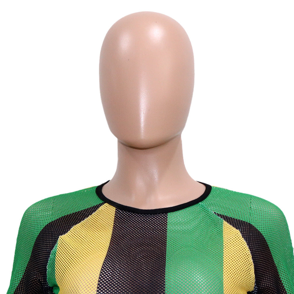 Women's summer short-sleeved striped color-block slit dress 12