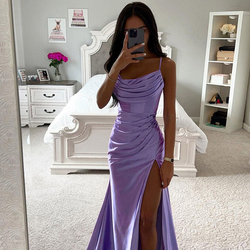 Spring Strapless Gathered Slit Satin Dress Sexy Slim Bodycon Dress 7