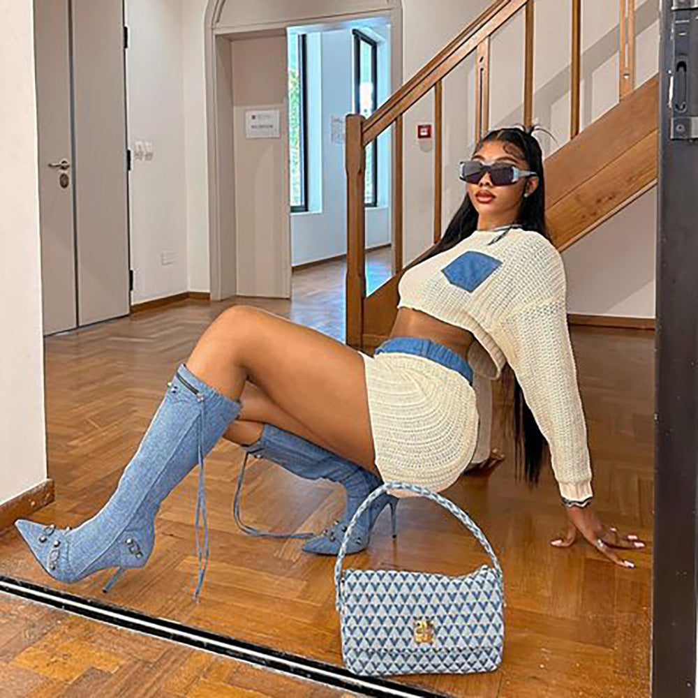 Women Long Sleeve Patchwork Crop Top and Skirt Two-Piece Set 5