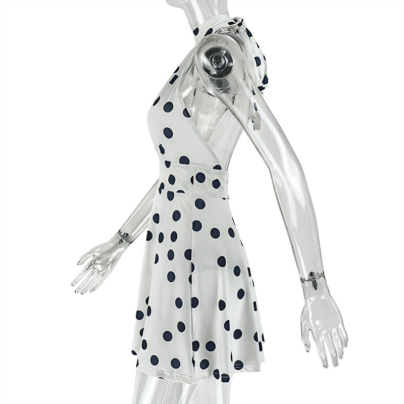 Women Pleated Waist Polka Dot Print Halter Neck Dress 8