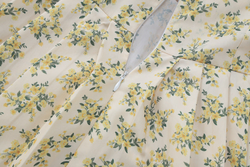 Women French Floral Sexy Chic V-neck Puff Sleeve Pleated Skirt 13