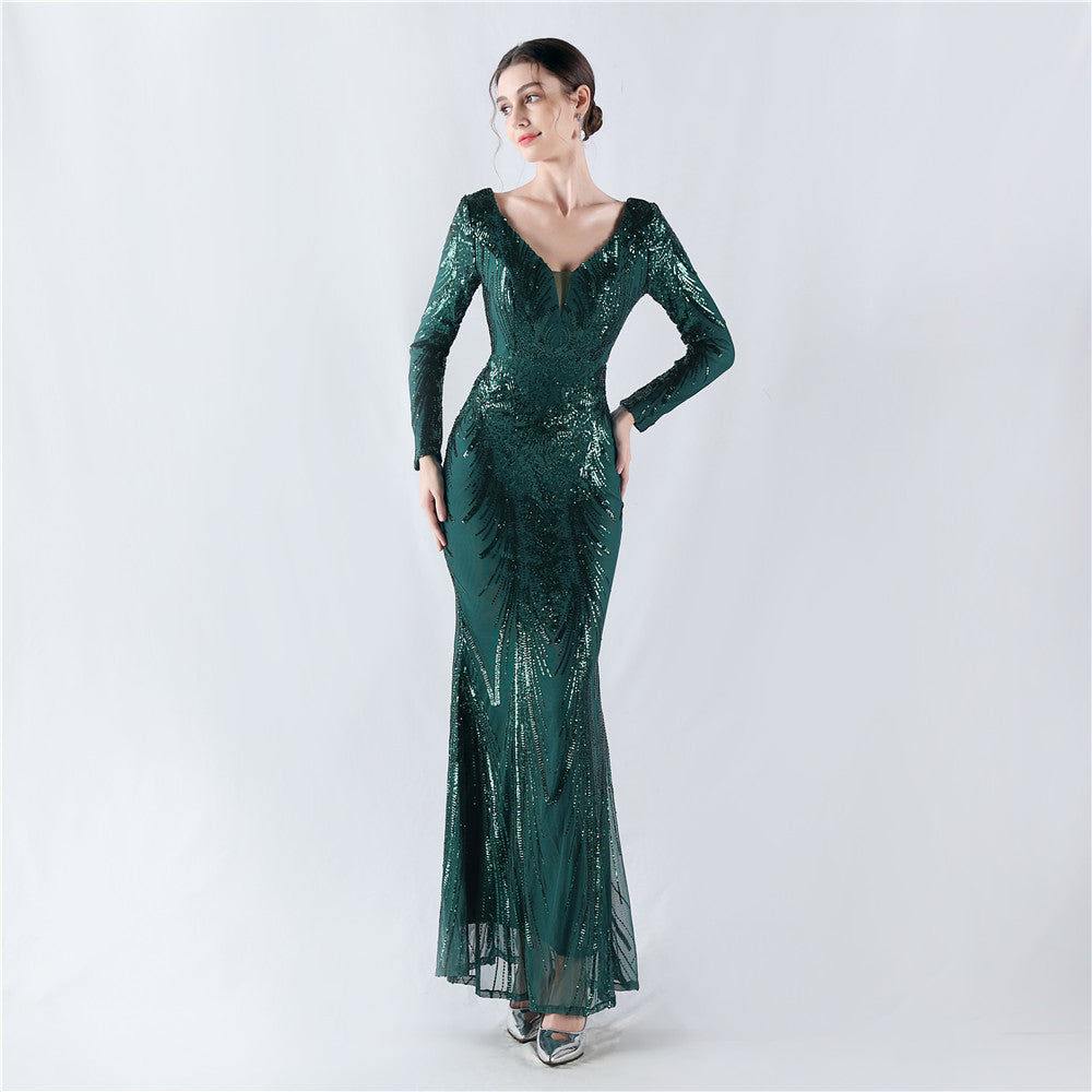 Women Positioning Flower Beaded Long Sleeve Evening Dress 19