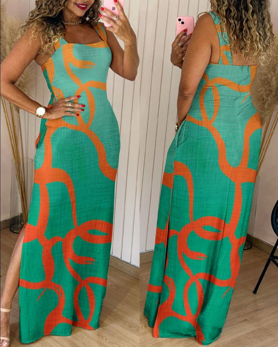 Women summer sleeveless contrast color sexy slit dress 6