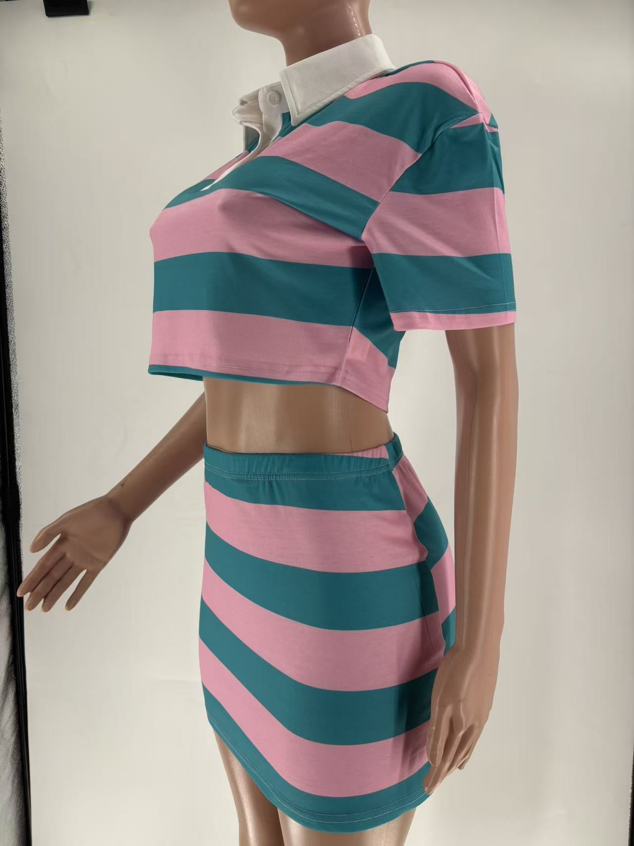 Women Autumn Contrast Striped Shirt Collar Crop Top and Skirt Two-Piece Set 5