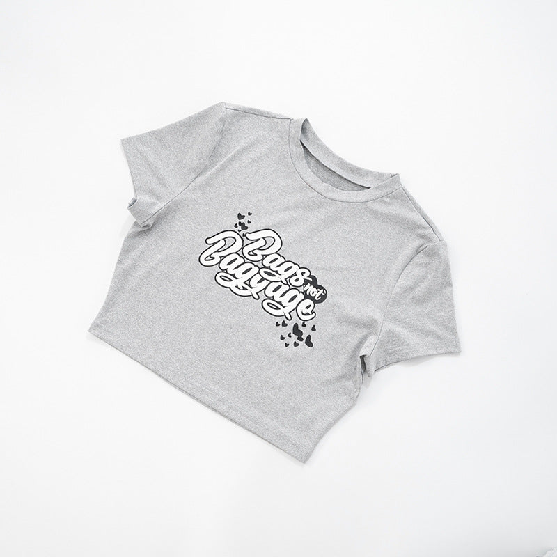 Women's Letter Print Short-Sleeved T-Shirt Top Drawstring Ultra-Shorts Two-Piece Set 9