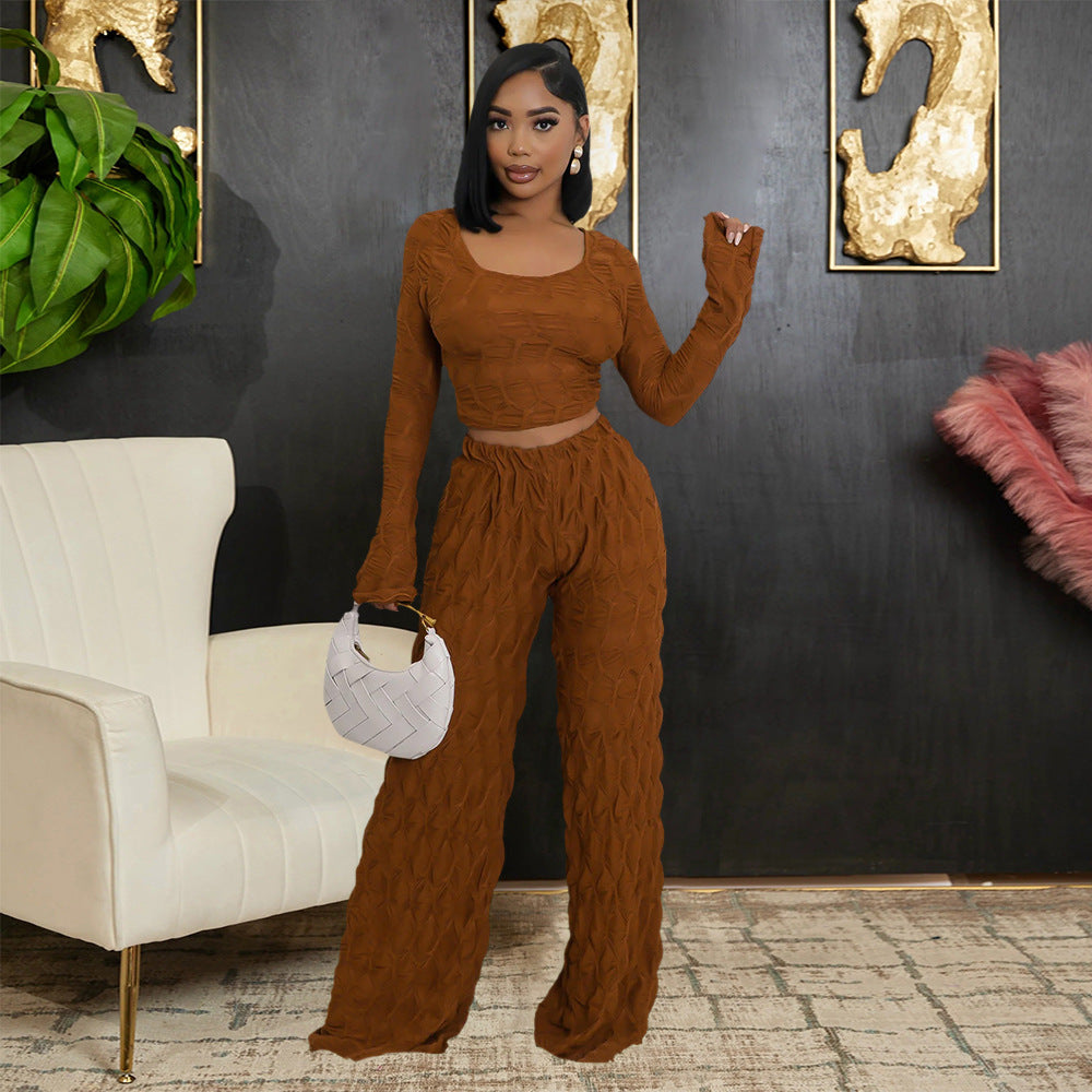 Off Shoulder Long Sleeve Short Top Fashion Slim Trousers  Women Two-Piece Set 9