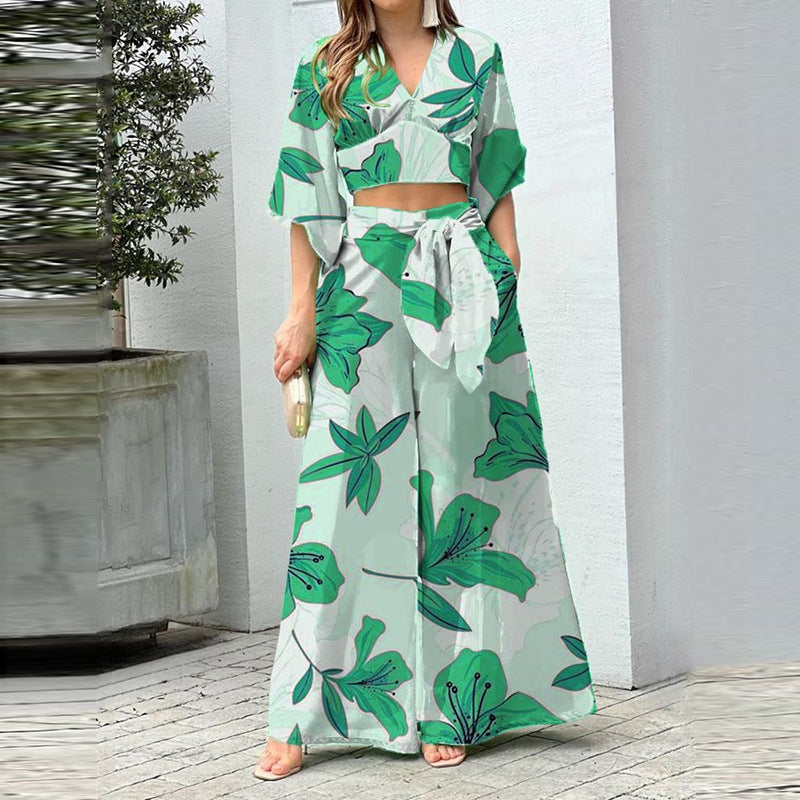 Women v-neck lantern sleeve short top and wide-leg pants two-piece set 9