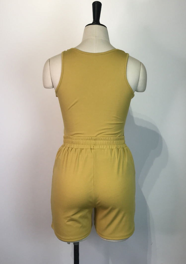 Summer Casual Yellow Vest and Drawstrings Shorts 2PC Set