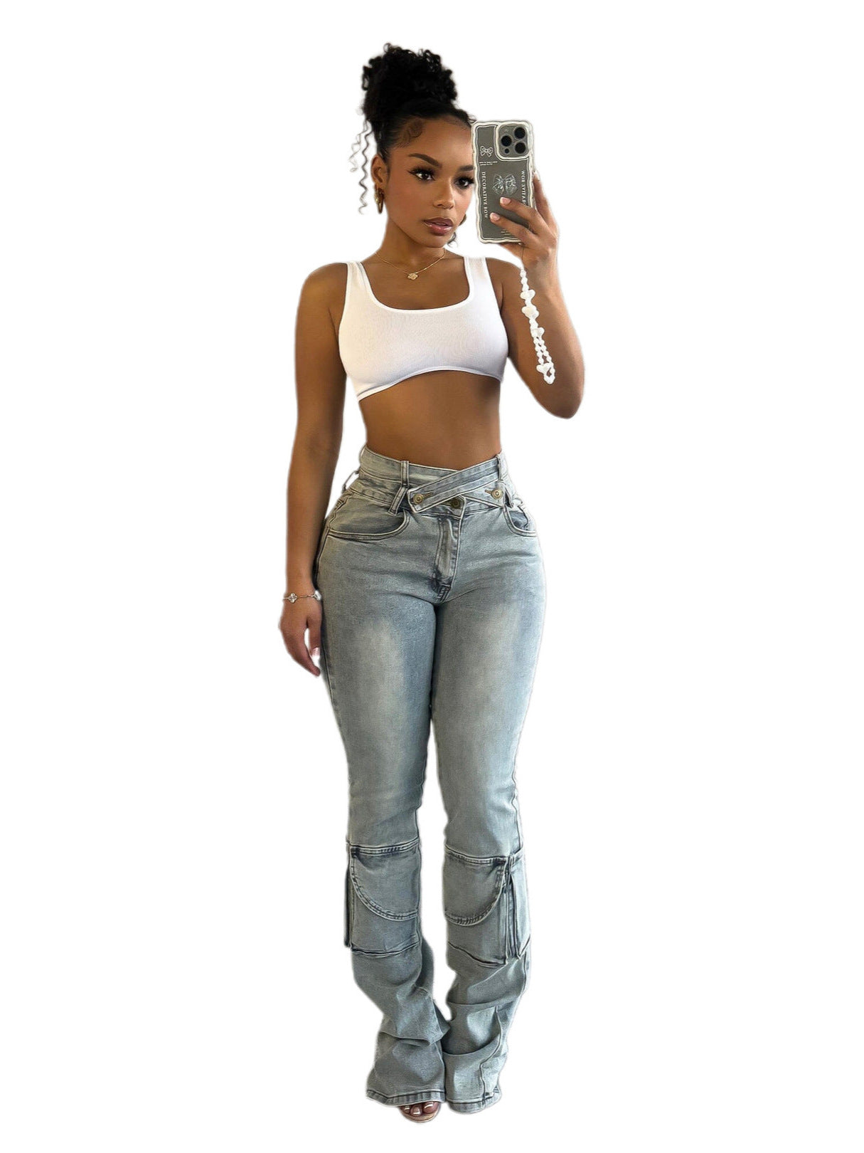 Zipper Casual High Stretch Cargo Denim Pants 4